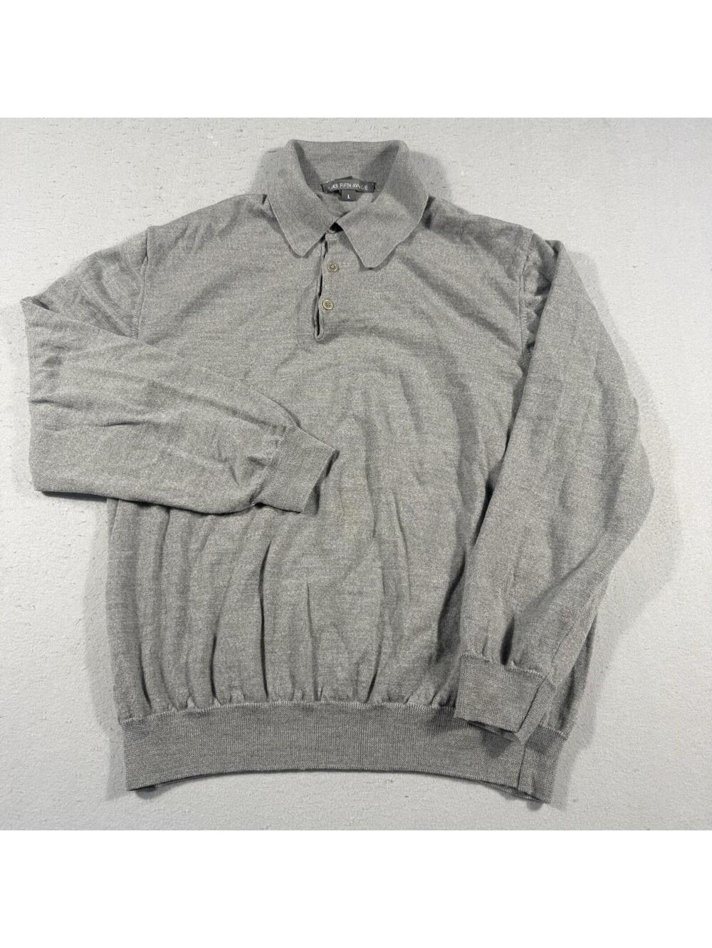 Saks Fifth Avenue 100% Merino Wool Polo Sweater Gray Mens Large Italy